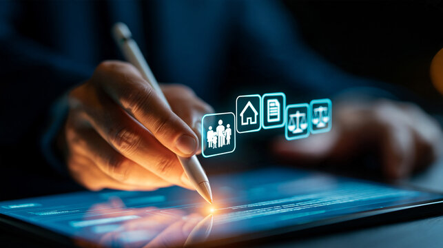 Estate planning concept cropped european professional hand holding a silver stylus above a horizontal tablet orderly translucent icons of a family house legal document and