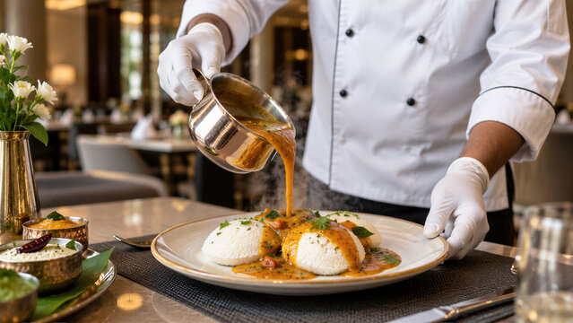 Indian Chef Serving Creamy Curry Over Traditional Idli in Luxury Restaurant