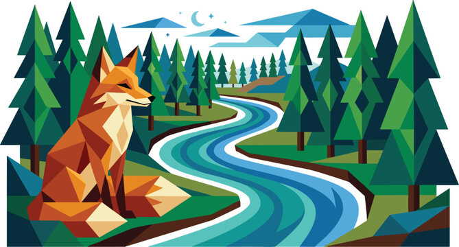 Geometric Low Poly Fox Landscape Vector Design Featuring Forest Pine Trees Winding River and Night Sky Nature Illustration