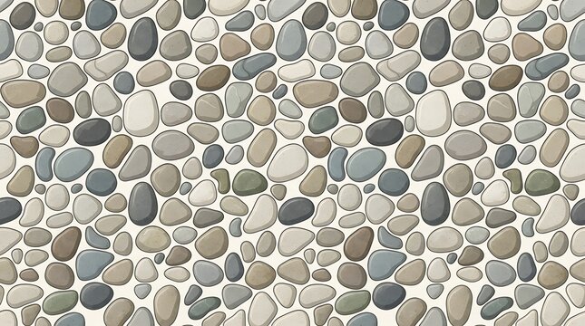 Seamless repeating pattern of smooth rounded river stones in neutral earth tones.