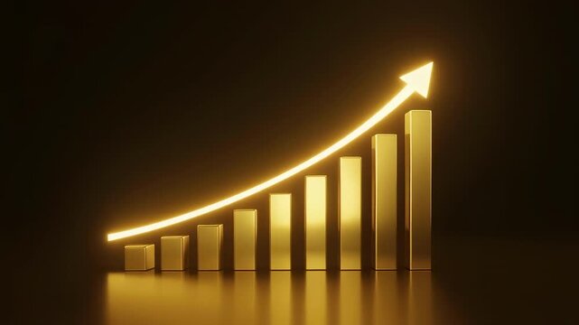 Golden bar chart rising with glowing arrow during dark background motion graphic