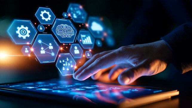 Interconnected intelligence concept cropped european hand reaching over a tablet with a pale blue screen floating honeycomb arrangement of translucent hexagonal tiles containing
