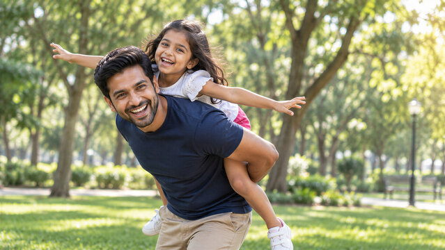 Happy Indian Father Giving His Daughter a Piggyback Ride in the Park