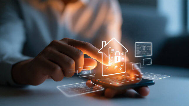 Smart home control concept cropped european hand holding a phone while the other selects a translucent home dashboard above it white house outline contains temperature gauge
