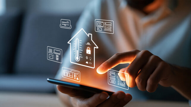 Smart home control concept cropped european hand holding a phone while the other selects a translucent home dashboard above it white house outline contains temperature gauge