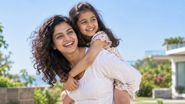 Happy Indian Mother Carrying Her Smiling Daughter Outdoors