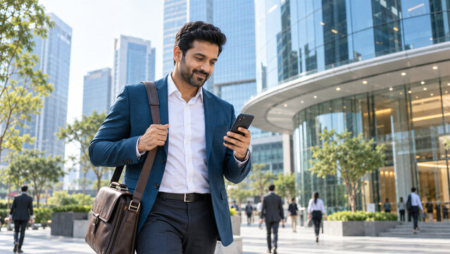 Confident Indian Businessman Walking Through a Modern Corporate District