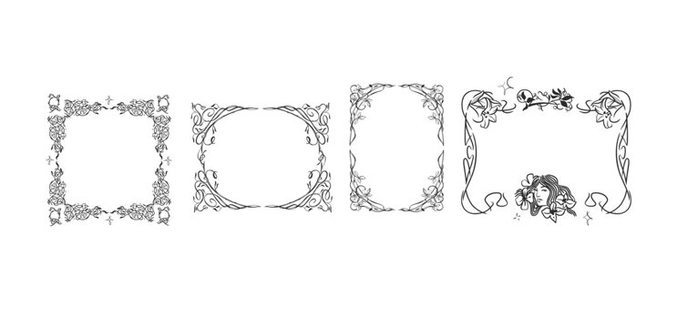 Floral Decorative Frames Set with Flowers and Woman Portrait, Vintage Art Nouveau Borders Hand Drawn Vector Line Art