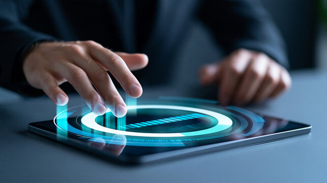 Software progress concept cropped european professional hands hovering above a tablet laid on a dark gray desk transparent circular progress indicator filled to three quarters