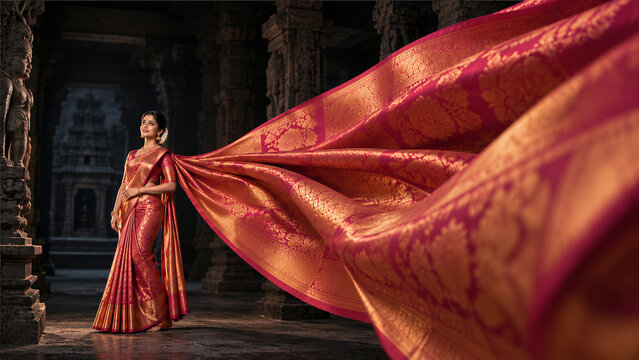 Elegant Indian Woman in Magenta Kanjivaram Silk Saree Inside a Traditional South Indian Temple