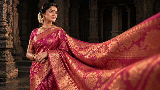 Luxury Magenta Silk Saree with Intricate Gold Floral Zari and Flowing Pallu