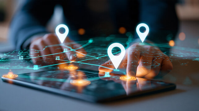 Logistics management concept oblique close view of european professional hands reviewing a tablet on a gray desk translucent route map with three large white location pins
