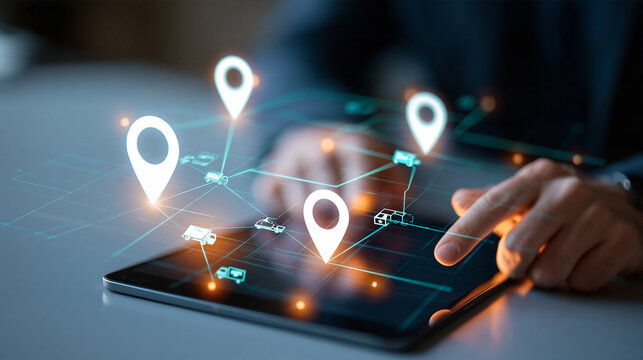 Logistics management concept oblique close view of european professional hands reviewing a tablet on a gray desk translucent route map with three large white location pins