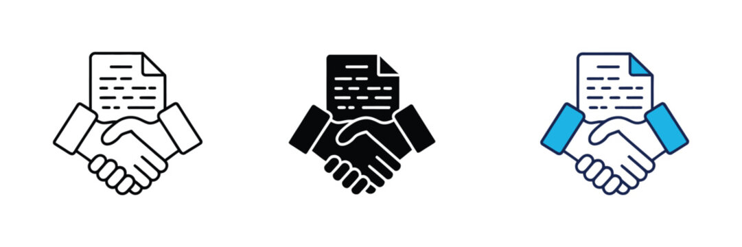 Business agreement icon featuring handshake and document symbol, contract signing, partnership, deal approval, negotiation, collaboration, editable vector illustration