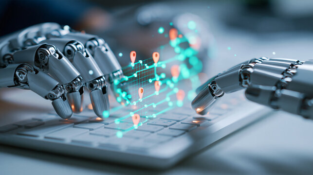 Automated navigation concept articulated silver robotic hands typing on a white keyboard translucent cyan route grid rises above the keys with several small coral location pins