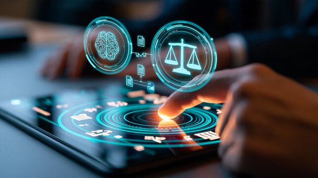 Intelligent legal services concept cropped european legal professional hand touching a tablet on a dark gray desk two translucent cyan circles containing a neural processor and