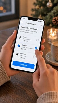 Hands holding smartphone with travel insurance app choosing standard plan at wooden table. Coffee cup and lit candle beside phone. Christmas tree in background. Trip protection and online