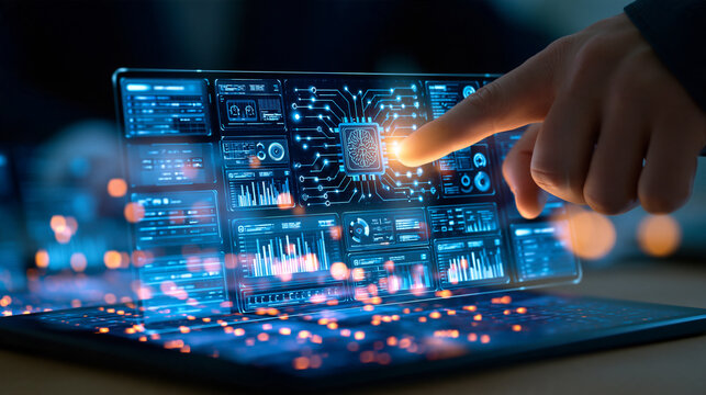Intelligent touchscreen analytics concept cropped european professional index finger touching a small gold interaction point in a transparent cyan dashboard above a tablet