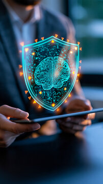Technology concept composite cropped torso of a european professional in a charcoal blazer holding a slim tablet horizontally above a black desk translucent cyan shield