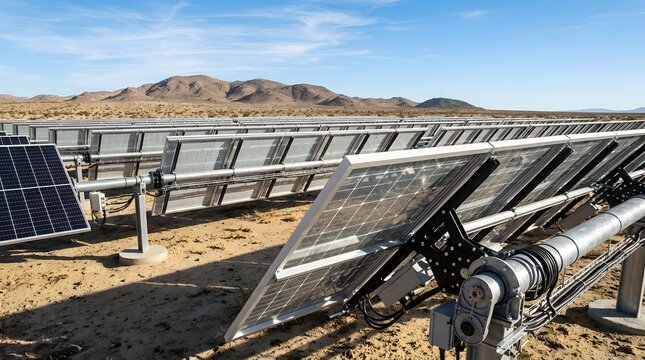 Rows of industrial solar panels capturing bright desert sunlight across a vast arid landscape with mountains in the far distance