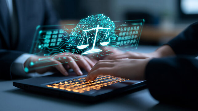 Responsible intelligent systems concept cropped european legal professional hands using a laptop on a gray desk translucent balanced scales centered above the keyboard between