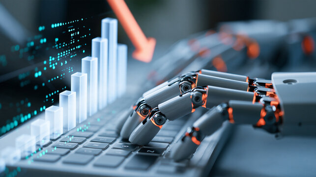 Cost optimization concept articulated silver robotic hands typing on a pale keyboard translucent white bars gradually decrease beneath a smooth coral downward arrow above the