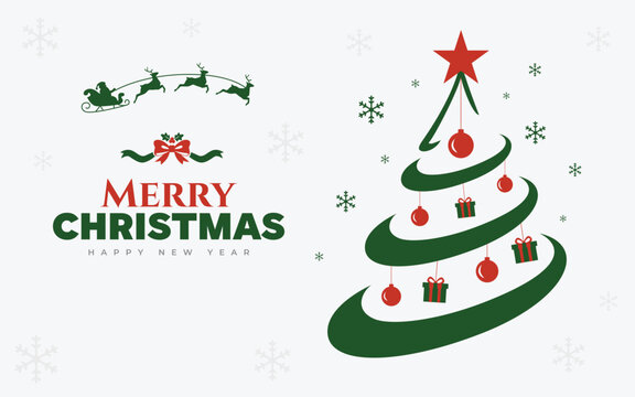 Festive Christmas greeting design featuring a stylized green tree, red ornaments, gifts, snowflakes, and Santa's sleigh. Classic red and green colors create a cheerful holiday atmosphere.