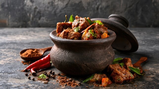 Spicy meat curry served in rustic clay pot with chili and aromatic spices