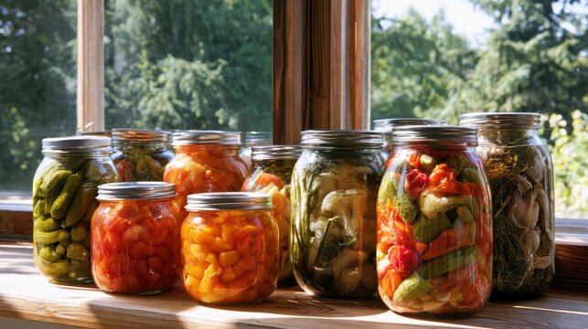 Homemade pickled vegetables in glass jars on sunny kitchen windowsill