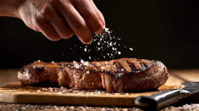 Hand seasoning grilled steak with coarse salt on wooden cutting board