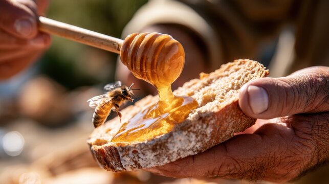 Honey dripping from wooden dipper onto rustic bread with bee nearby
