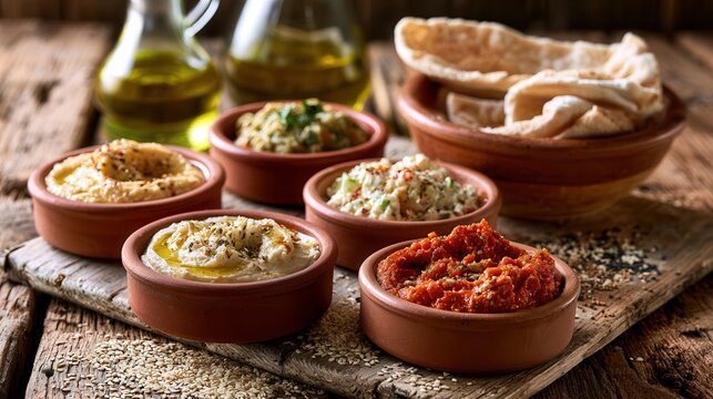 Mediterranean dips and spreads with pita bread olive oil hummus and red pepper