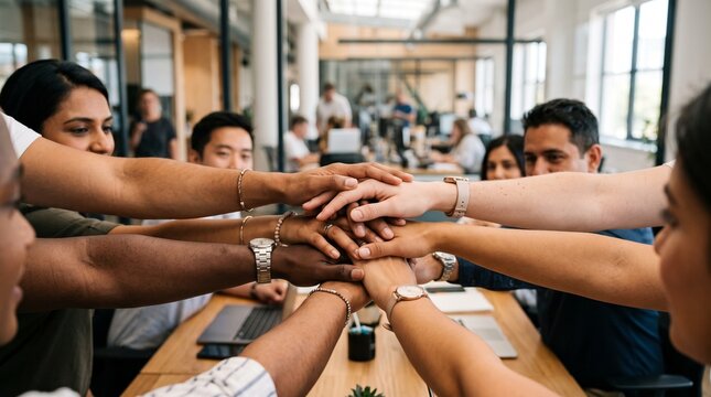 United in Purpose: A diverse group of colleagues in a modern office setting demonstrates unity and teamwork by stacking their hands together in a powerful gesture of collaboration and shared goals.