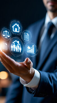 Family asset planning concept cropped european professional presenting an open palm beneath translucent white icons of a house family group balanced scales document and