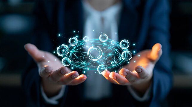 Intelligent business concept cropped european businesswoman holding both hands around a small circular neural processor interface at waist level translucent white service icons