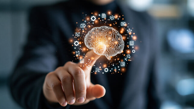 Intelligent touchscreen concept cropped european professional index finger selecting a central translucent circuit brain symbol small white gear document network and analysis