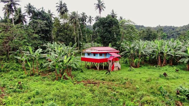 Aerial Drone Shot of a Charming Red House in S&atilde;o Tom&eacute; and Pr&iacute;ncipe