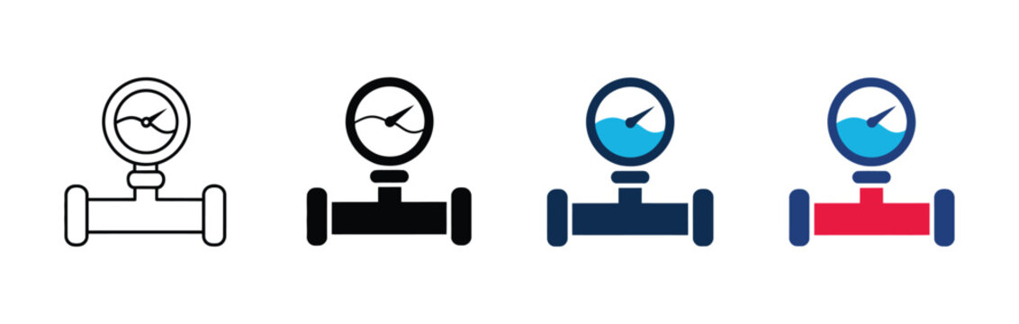 Industrial pressure gauge icons on water pipes, plumbing manometer vector set, hydraulic flow meter symbols, industrial engineering, plumbing, utility maintenance, vector2
