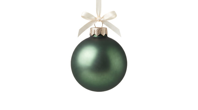 A matte dark green christmas bauble ornament with a silk ribbon isolated on transparent background