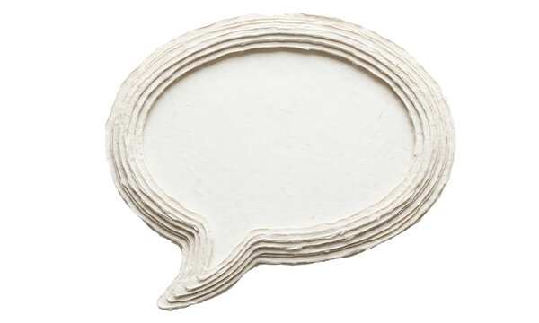 A detailed close up view of a white speech bubble constructed from many layers of paper isolated on a clear background