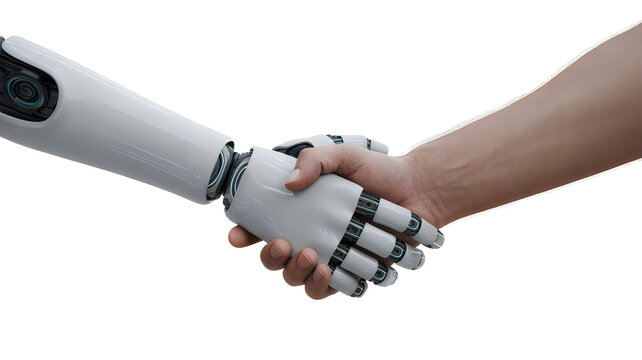 Robot handshake with human hand isolated on white background