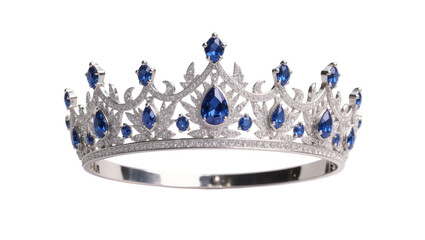 Ornate silver tiara with blue sapphire and diamond accents, isolated on transparent background © studiox