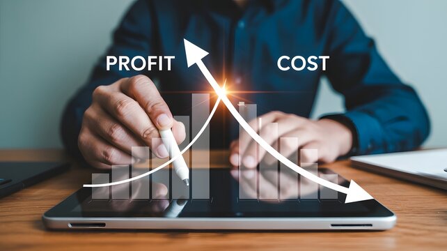 Digital Business Concept Image Showing Rising Profits and Decreasing Costs for Financial Success
