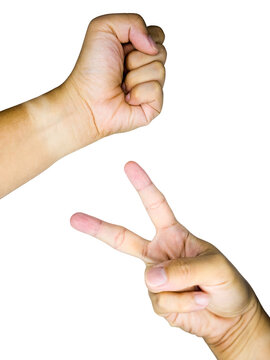 Two hands playing rock paper scissors game.