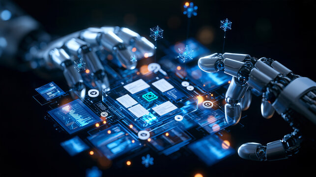 Robotic data interaction concept two articulated silver robotic hands framing a transparent central neural processor panel surrounding blue chart tiles white circular controls