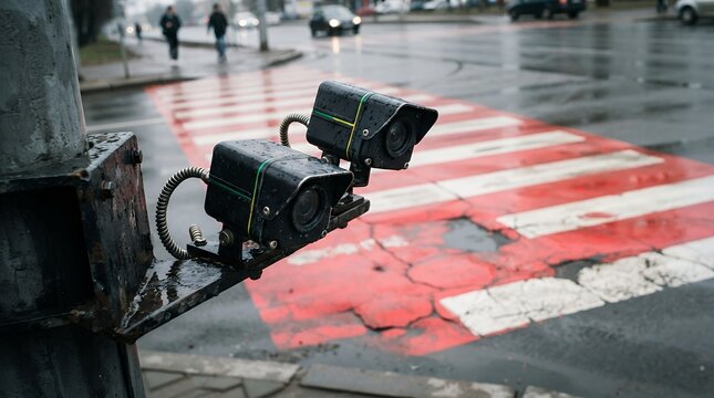 Urban surveillance cameras monitoring a wet city street, security system technology for public safety, modern CCTV devices observing pedestrian crosswalks and traffic flow.