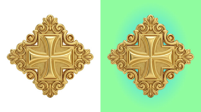 Ornate golden cross emblem with luxury baroque relief ornament