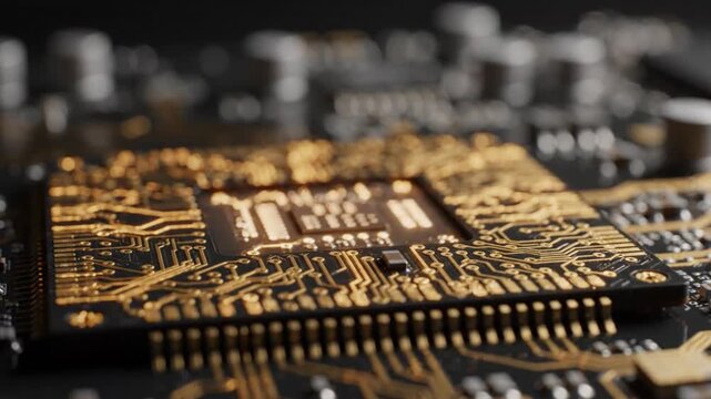 Macro view of a golden computer processor chip mounted on a dark circuit board.