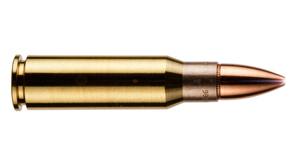 Golden brass rifle cartridge with copper bullet, isolated on transparent background © studiox