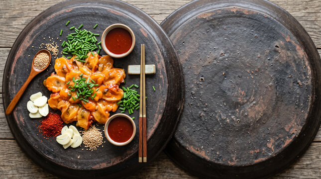 Top down view of Korean fresh orange sea squirt Meongge on Onggi lid